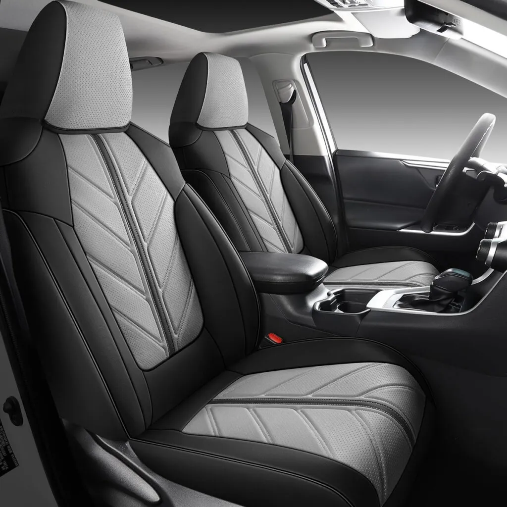 Custom-fit leather seat cover for Toyota RAV4, providing full coverage and protection.